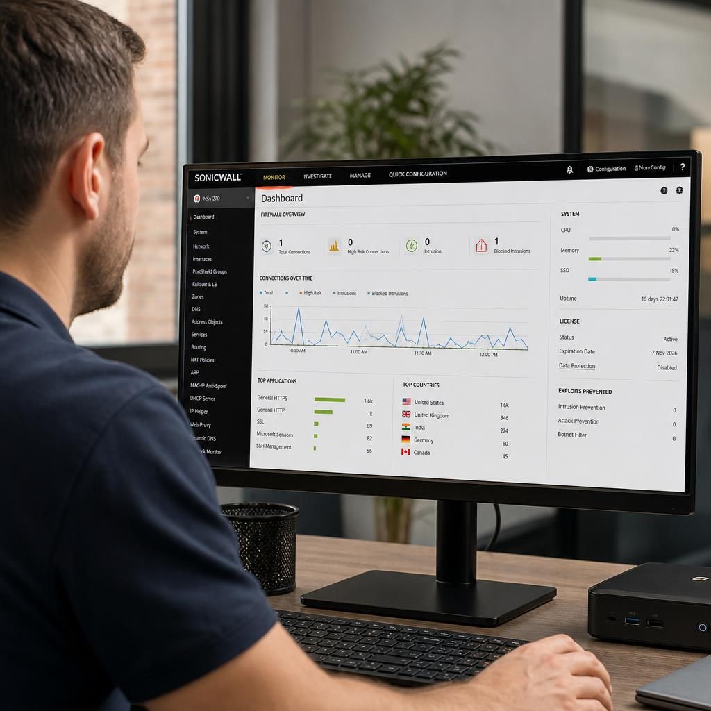 Technician reviewing network security settings on a computer screen