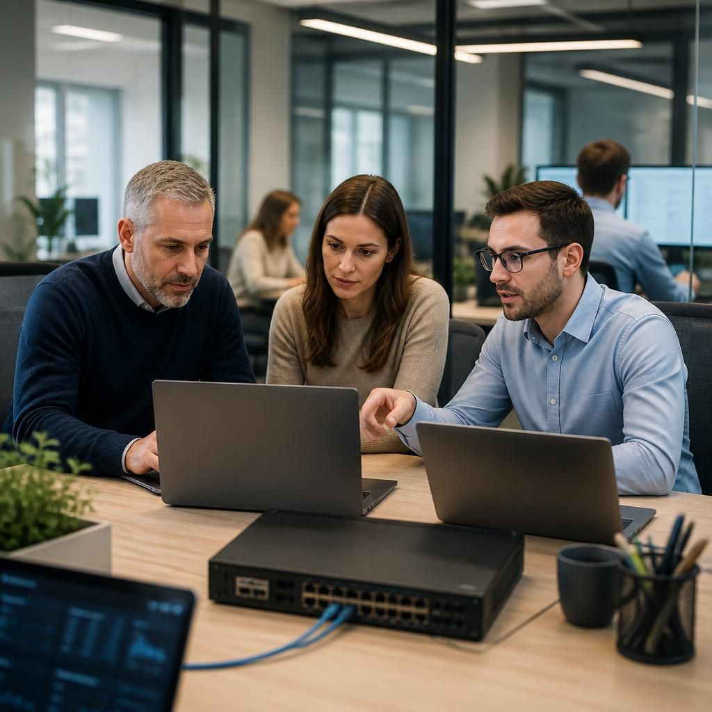 Office-based professional services team working with secure business systems
