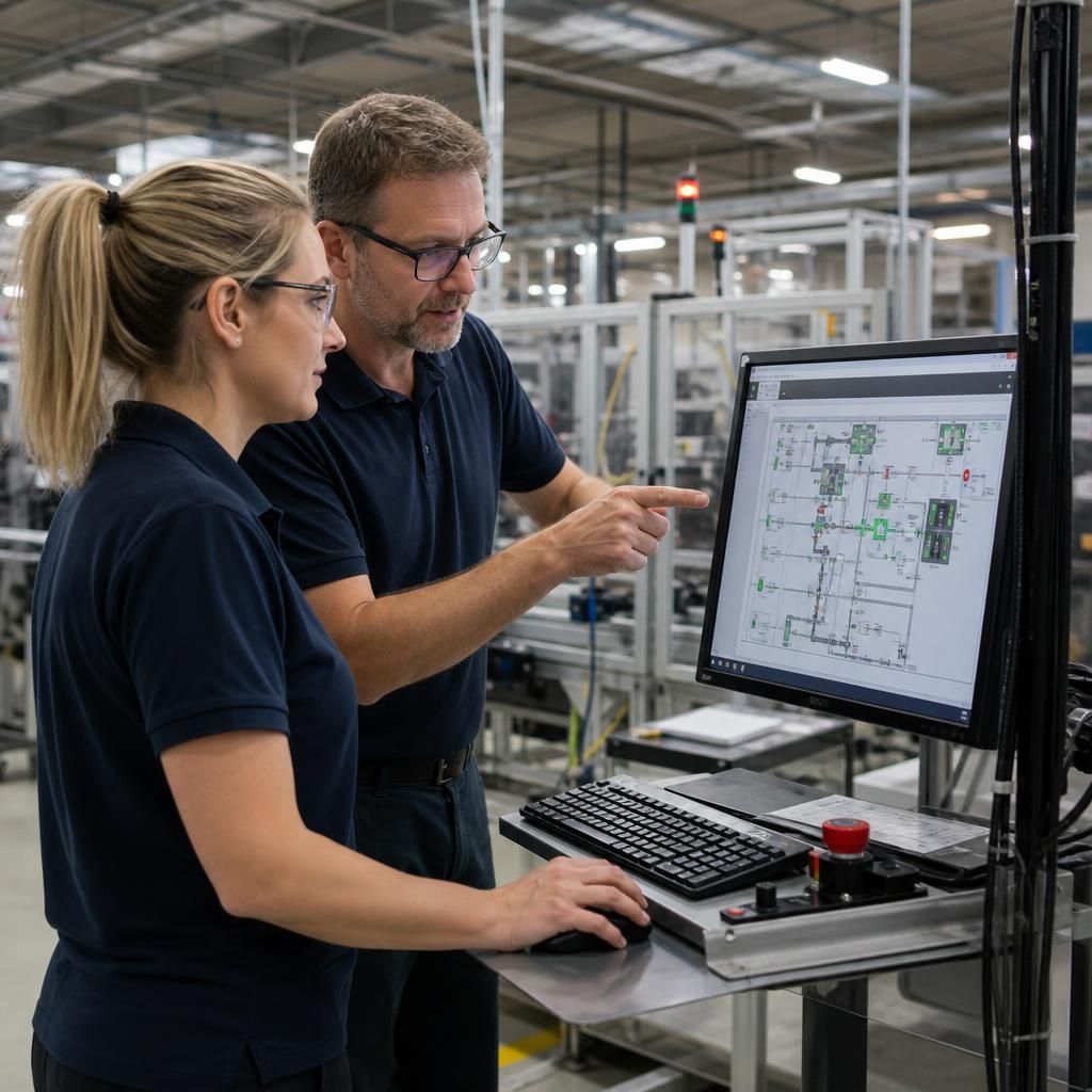 Manufacturing staff monitoring operational systems on a factory floor