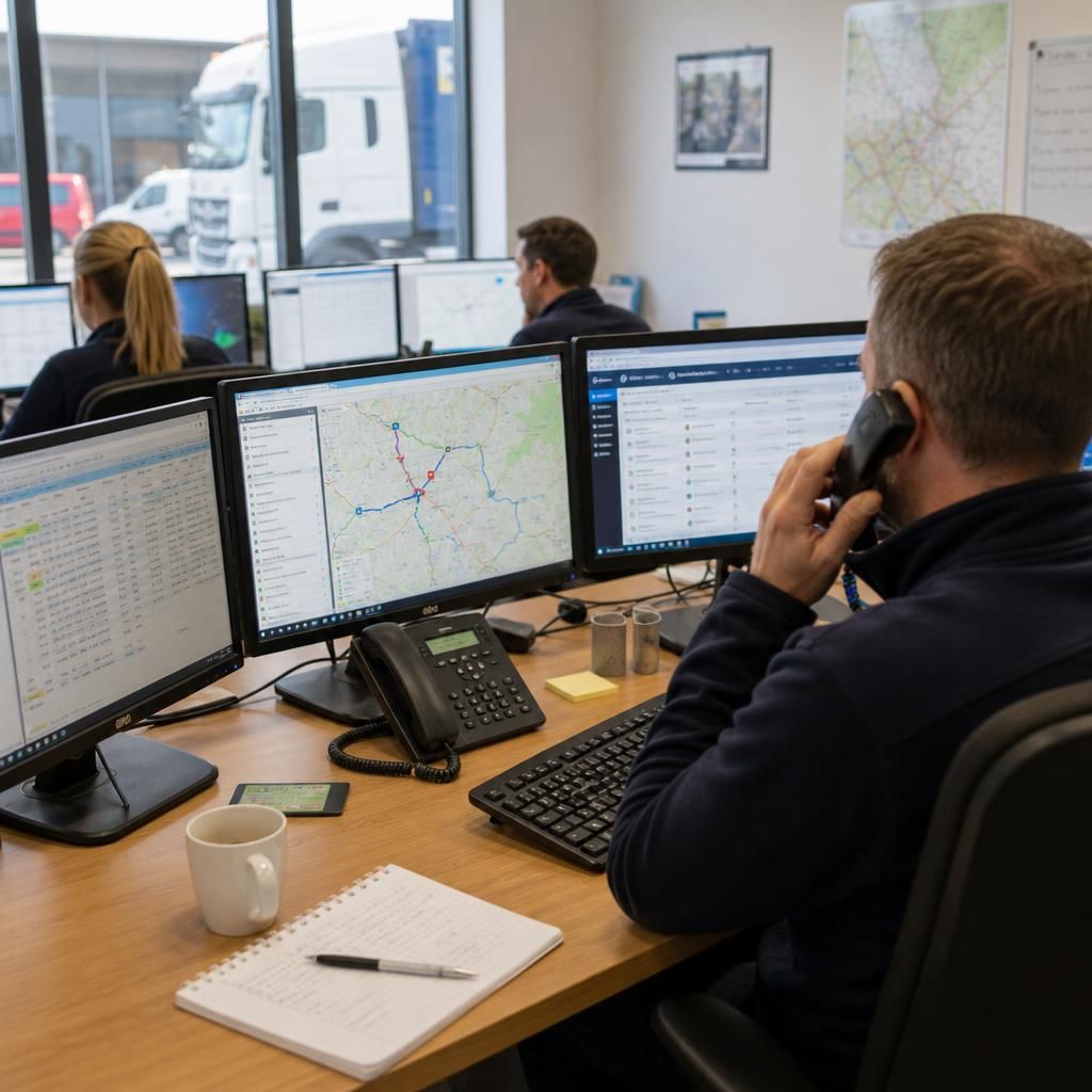 Logistics team using computers to coordinate deliveries and operations