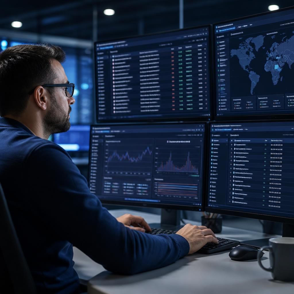 Security analyst reviewing user activity logs and sign-in events on a monitoring dashboard