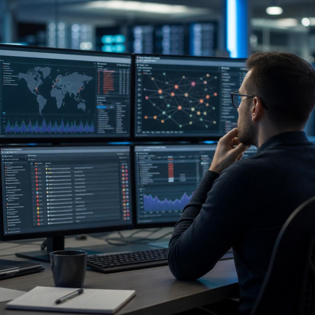 Security analyst reviewing correlated alerts on a SIEM dashboard