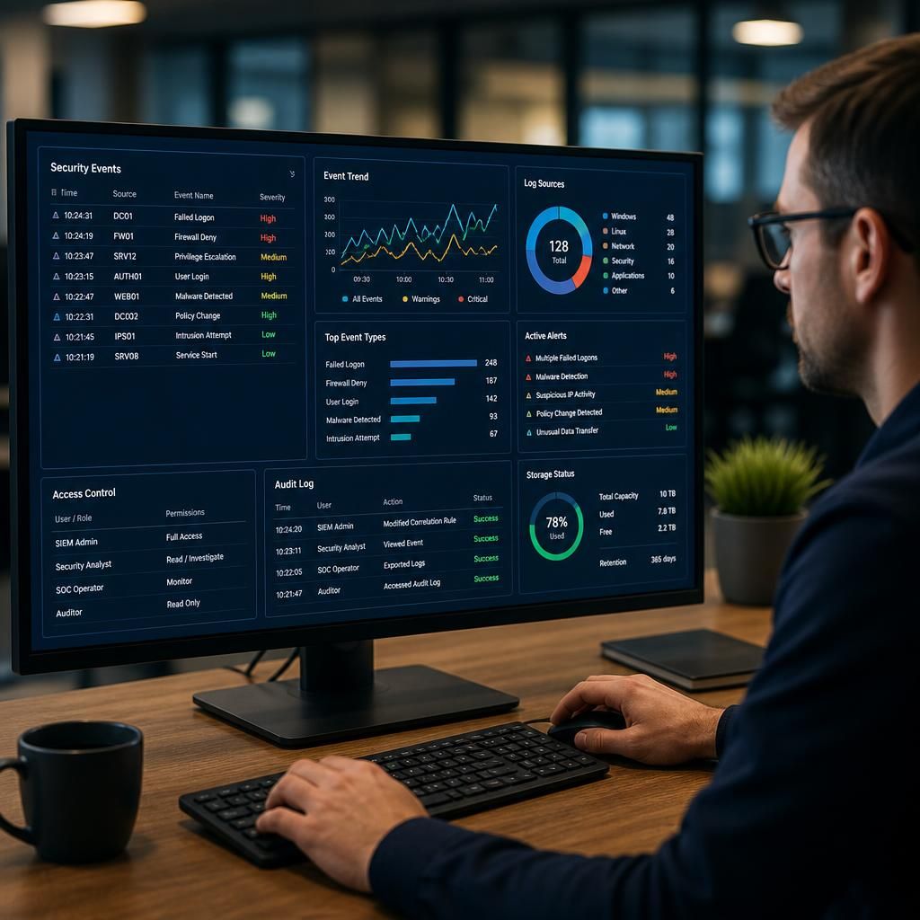SIEM dashboard showing security event logs, access permissions and storage status