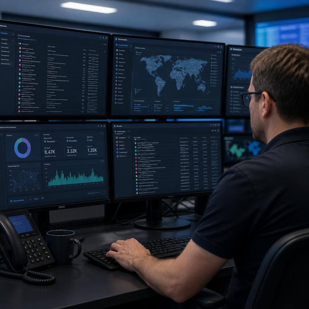 Security monitoring dashboard showing logs from cloud services, endpoints and network devices
