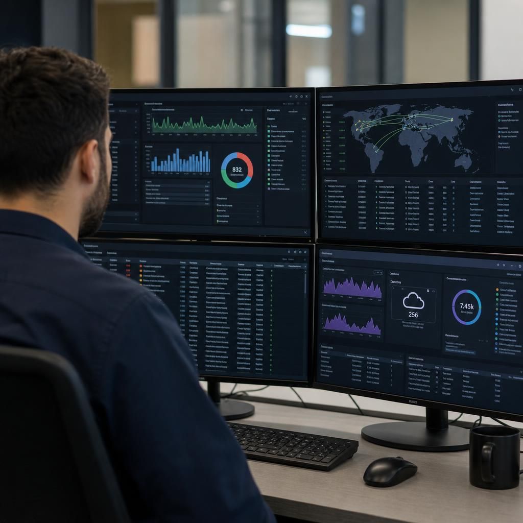 Security monitoring dashboard displaying logs from cloud, network and endpoint systems
