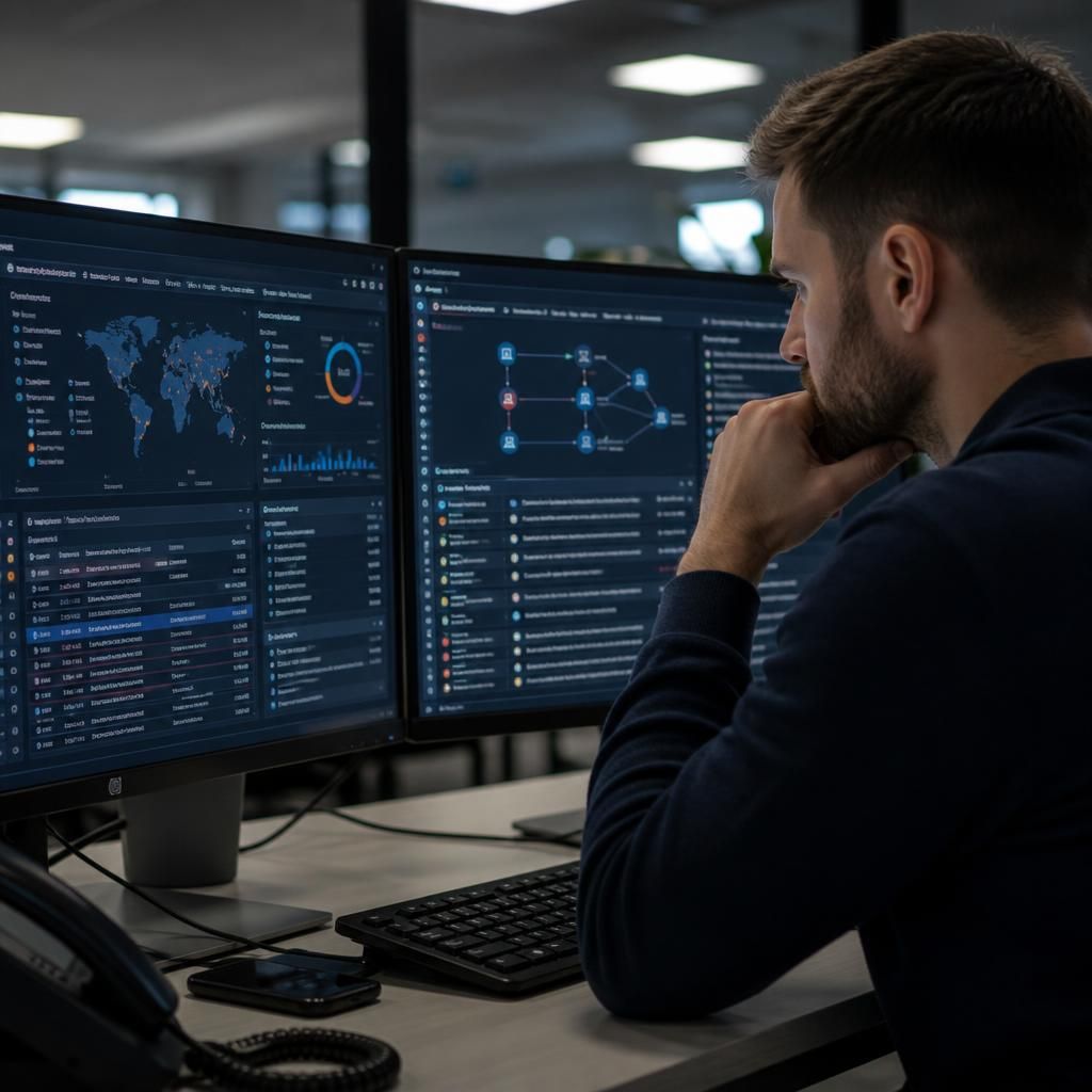 Security analyst reviewing correlated SIEM events and an incident timeline on a monitoring dashboard
