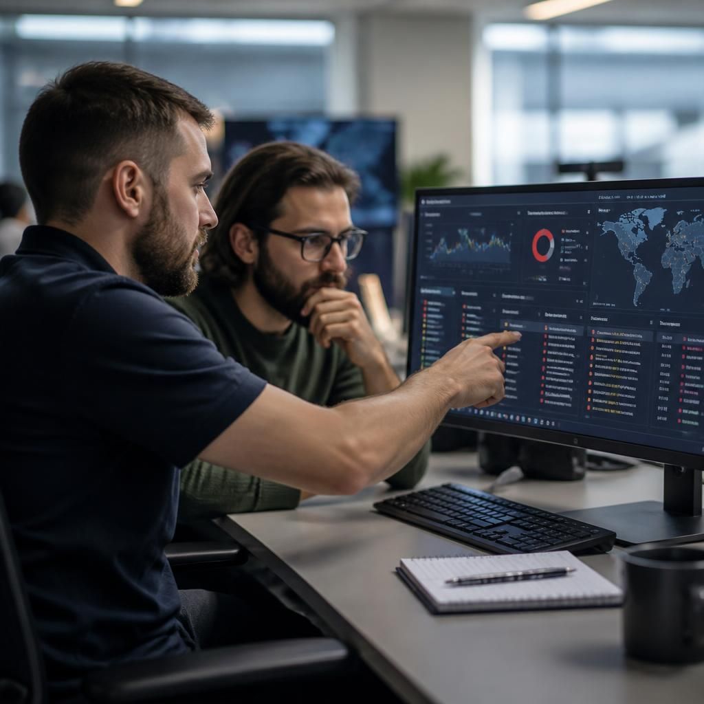 IT specialists reviewing security alerts on a computer monitor