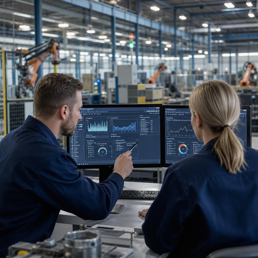 Manufacturing staff monitoring digital production systems