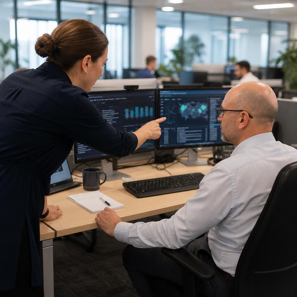 Employees working across connected sites using business technology
