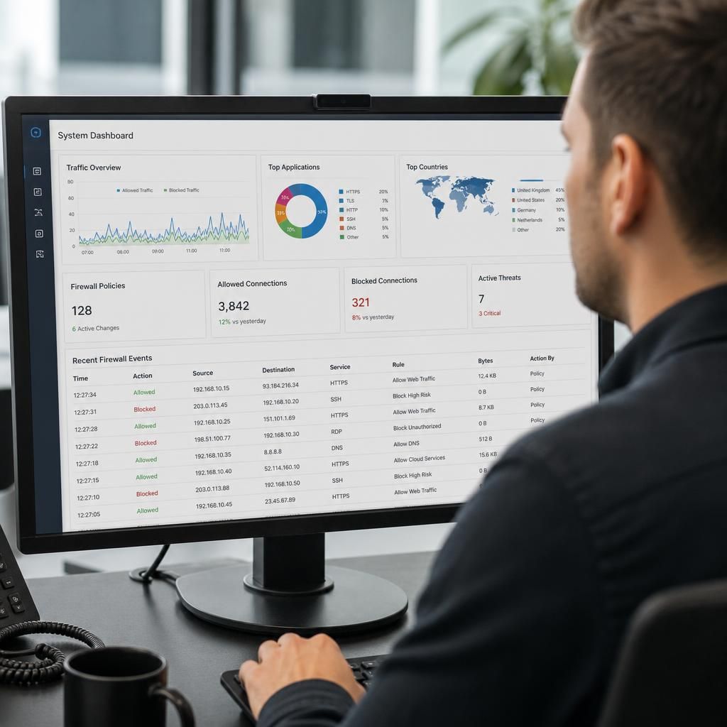 Network firewall dashboard displaying traffic rules and connection logs