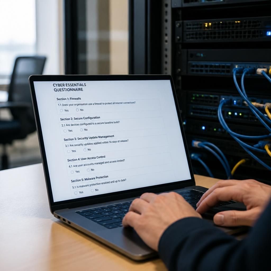 Cyber Essentials questionnaire displayed on a laptop beside network equipment