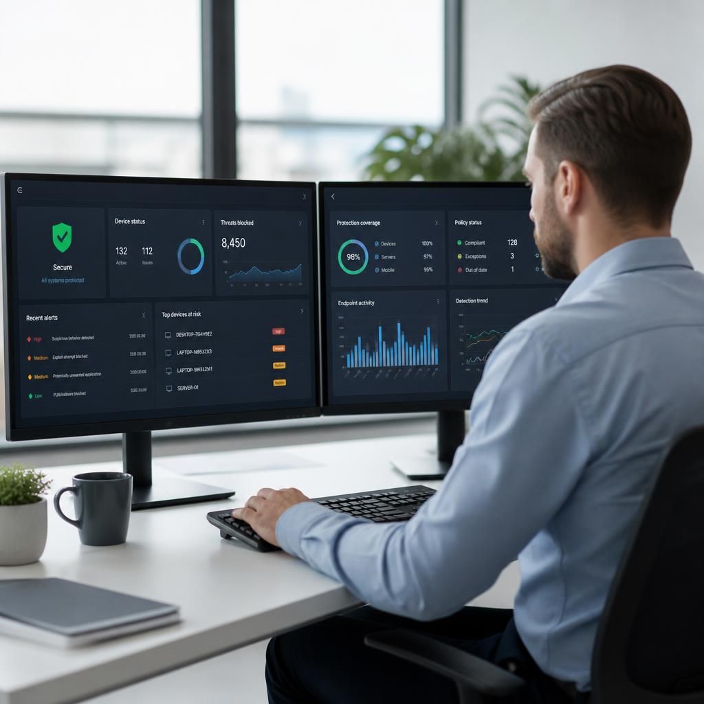 Endpoint security dashboard displaying device activity, alerts and policy status