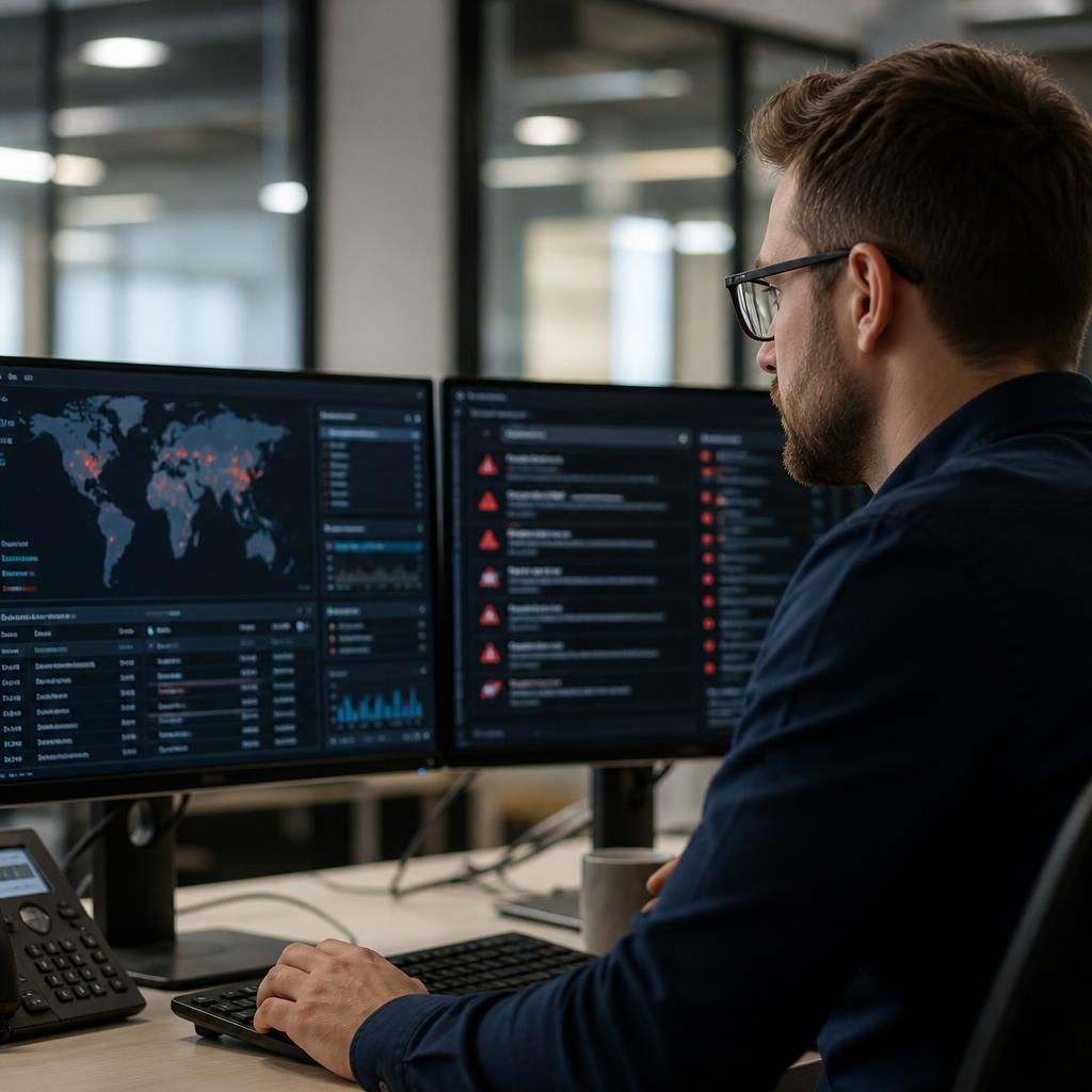 IT professional reviewing security alerts on a monitoring dashboard