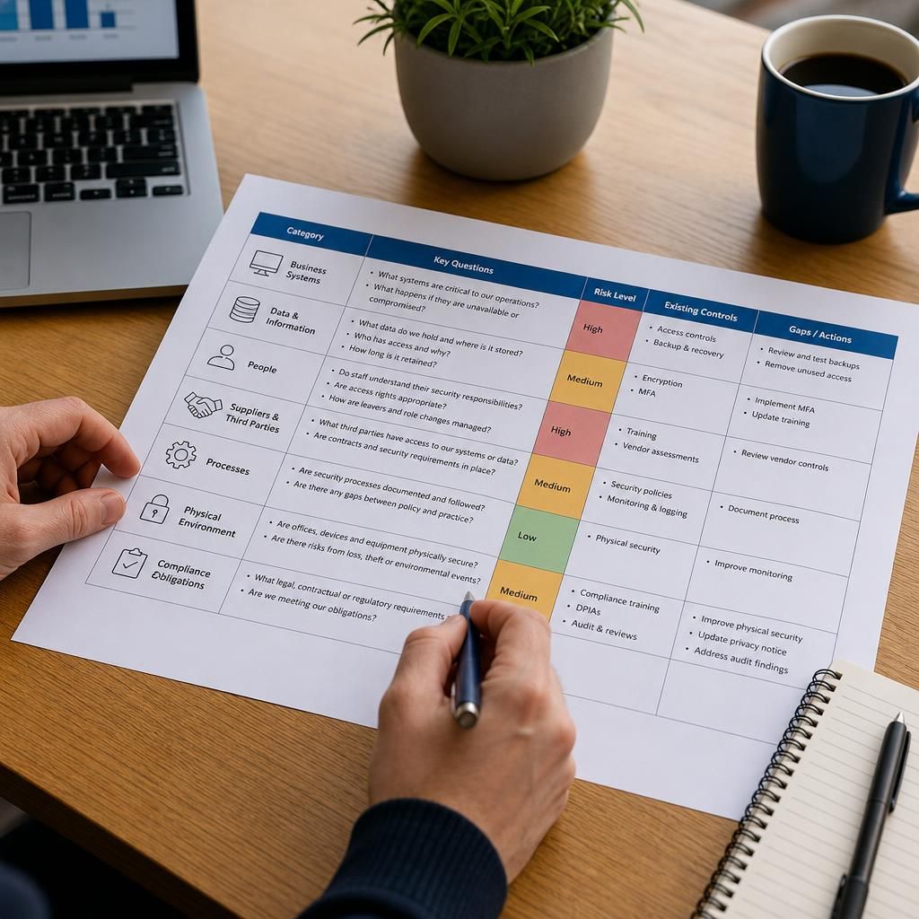 Risk assessment worksheet showing business systems, suppliers, processes and security controls