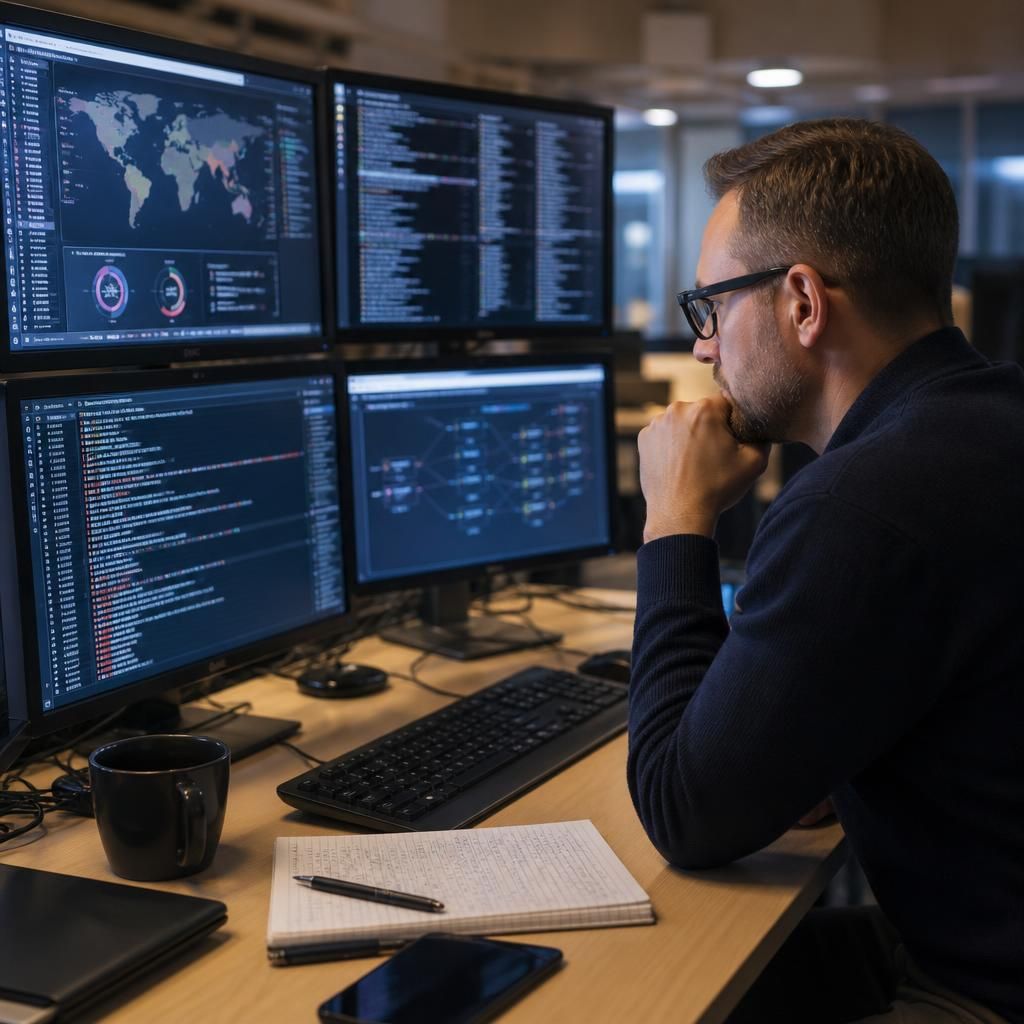 Security analyst reviewing alerts, system logs and incident notes on computer screens
