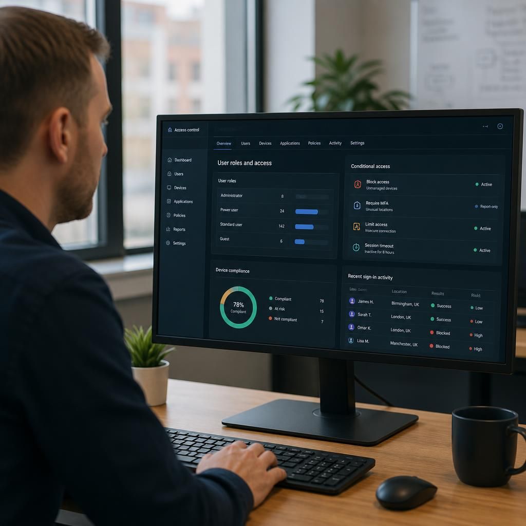 User roles and device access permissions displayed in a security management console
