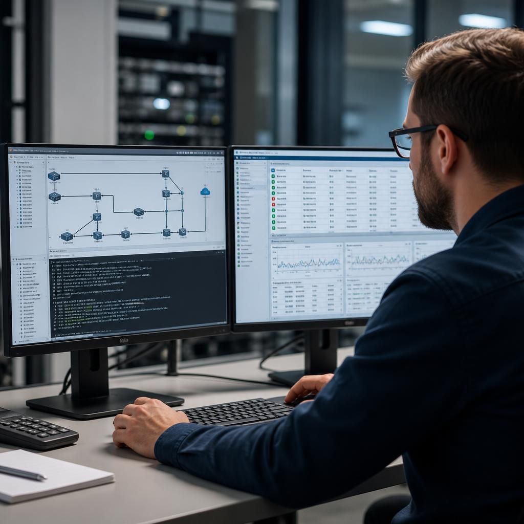 Engineer reviewing network configuration and test results on dual monitors