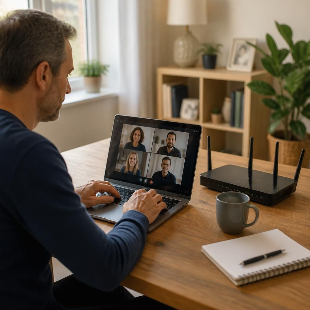 Remote worker using a laptop beside a home router and video call screen