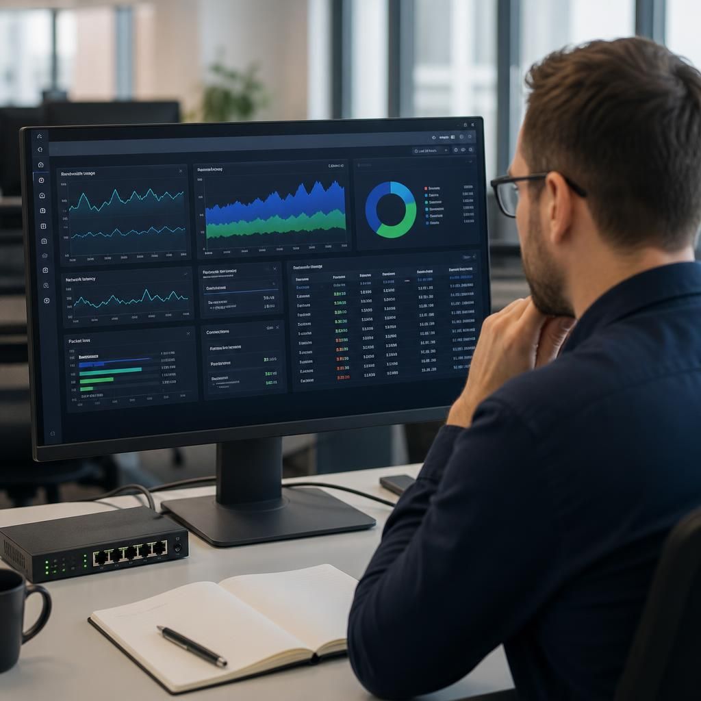 Network monitoring dashboard showing bandwidth use, latency and packet loss across business connections