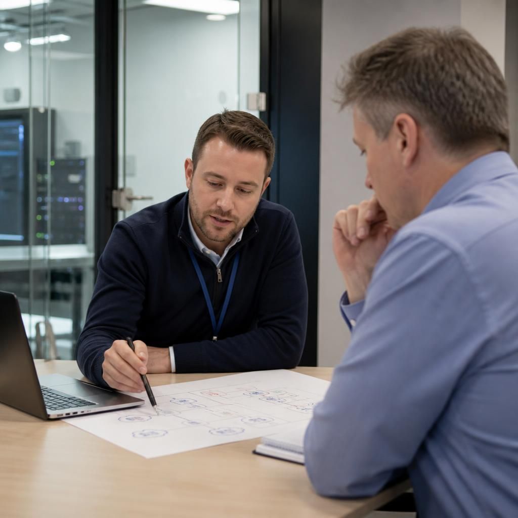 IT specialist discussing network diagrams with a business client