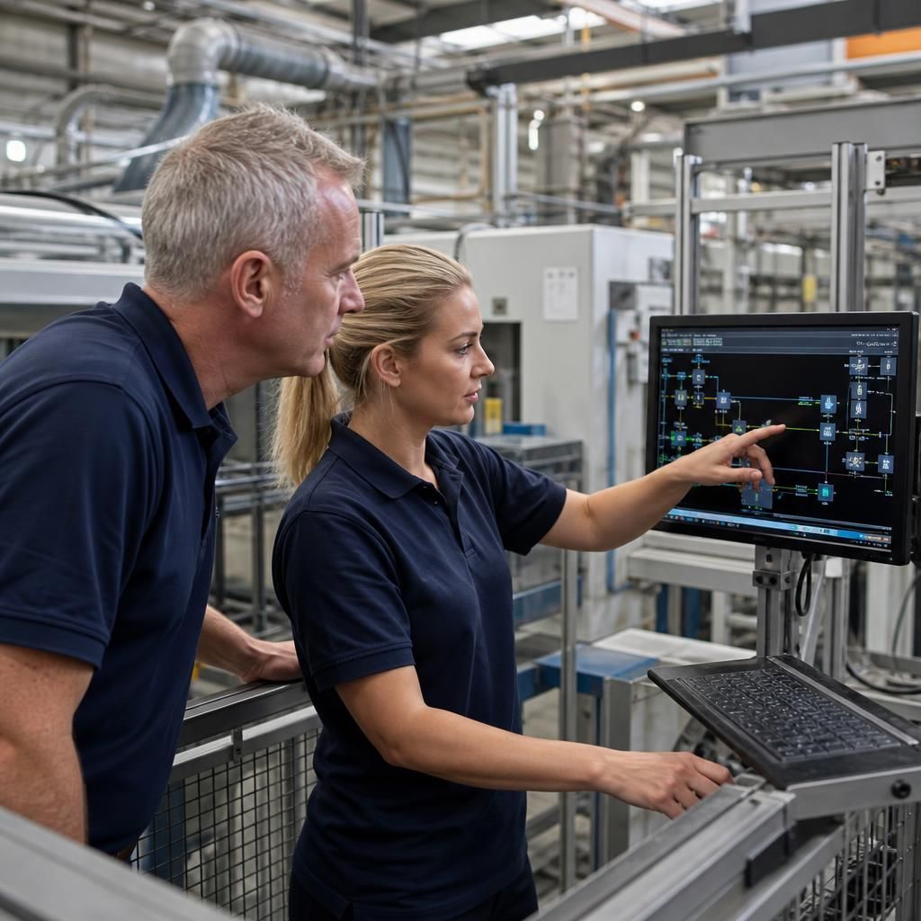 Manufacturing staff viewing network information beside production equipment