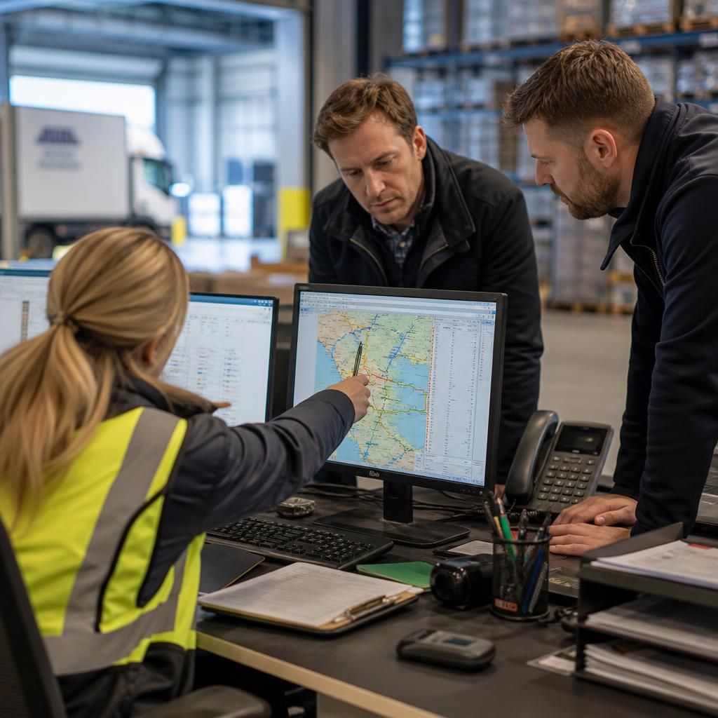 Logistics team coordinating systems used for transport and warehouse operations