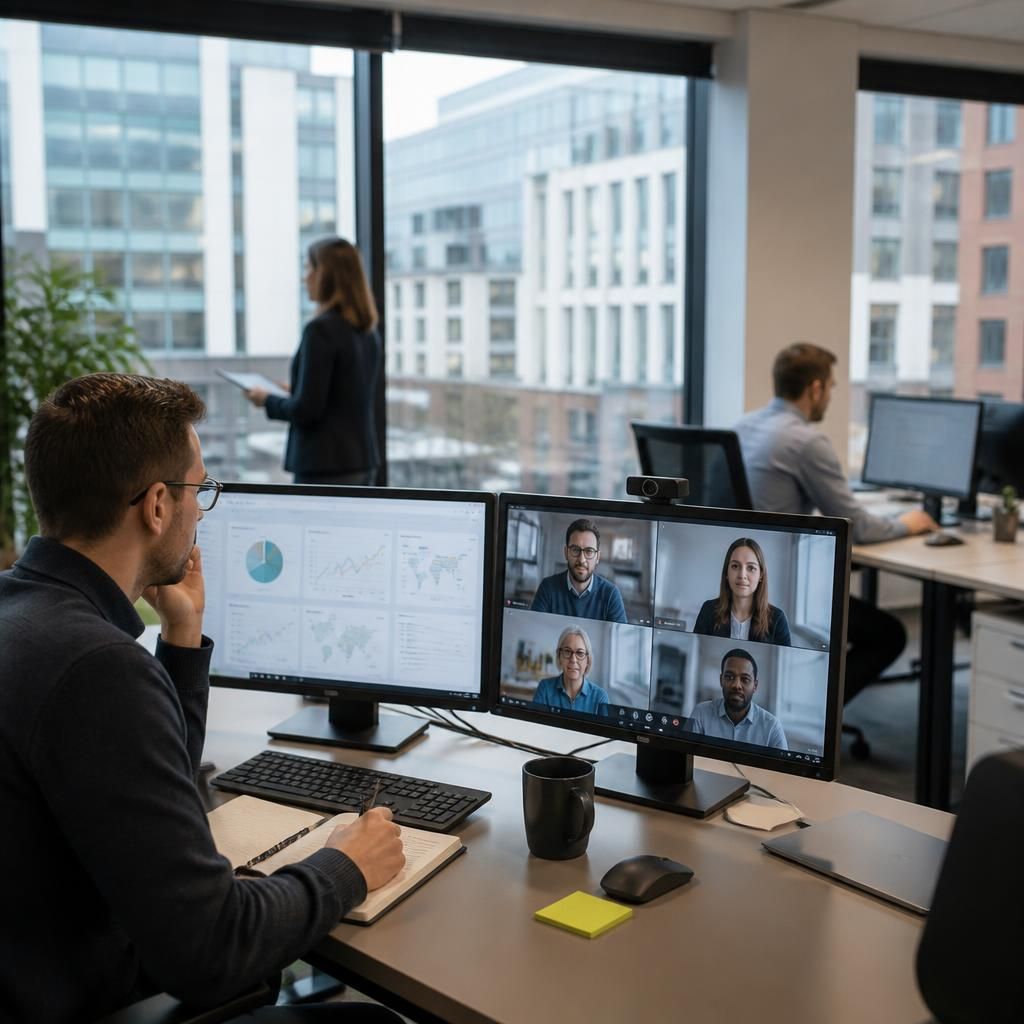 Business team collaborating across multiple offices using connected systems