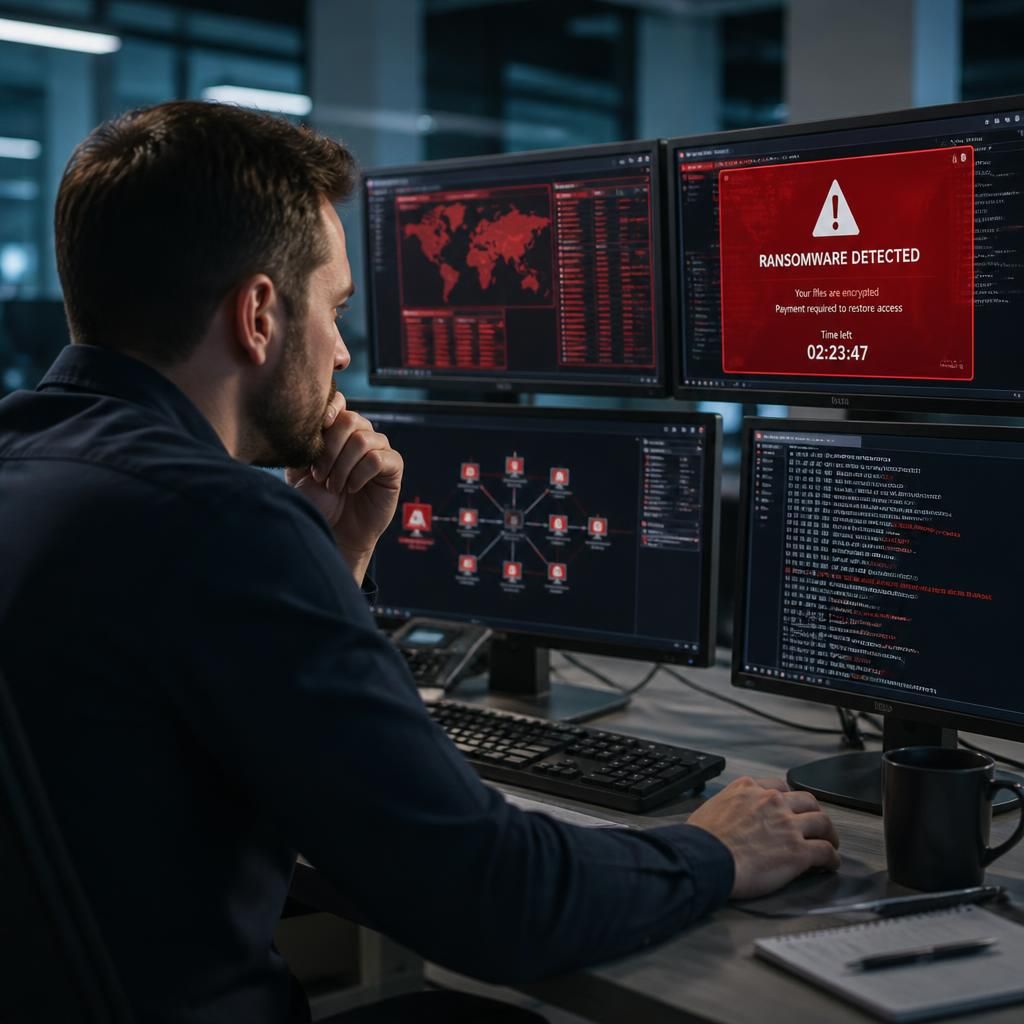 Cybersecurity analyst reviewing ransomware alerts across affected computers