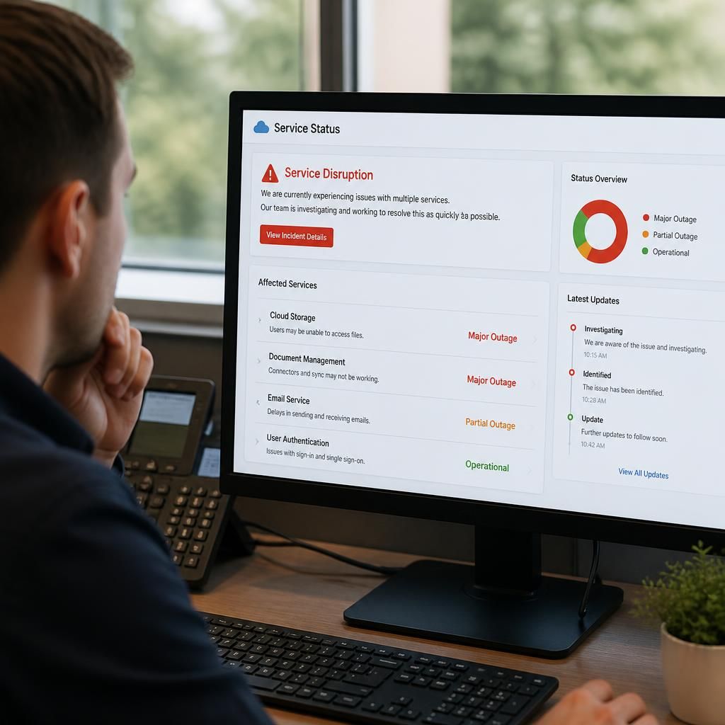 Cloud service status dashboard showing an outage notification and affected applications