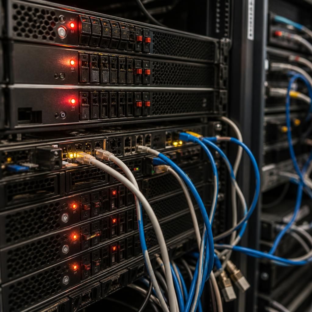 Rack server with warning lights and disconnected network cables