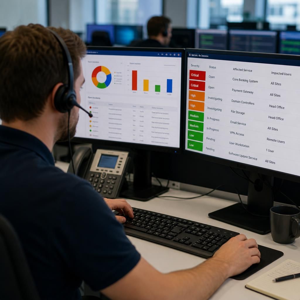 IT service desk dashboard showing incident severity levels and affected business systems