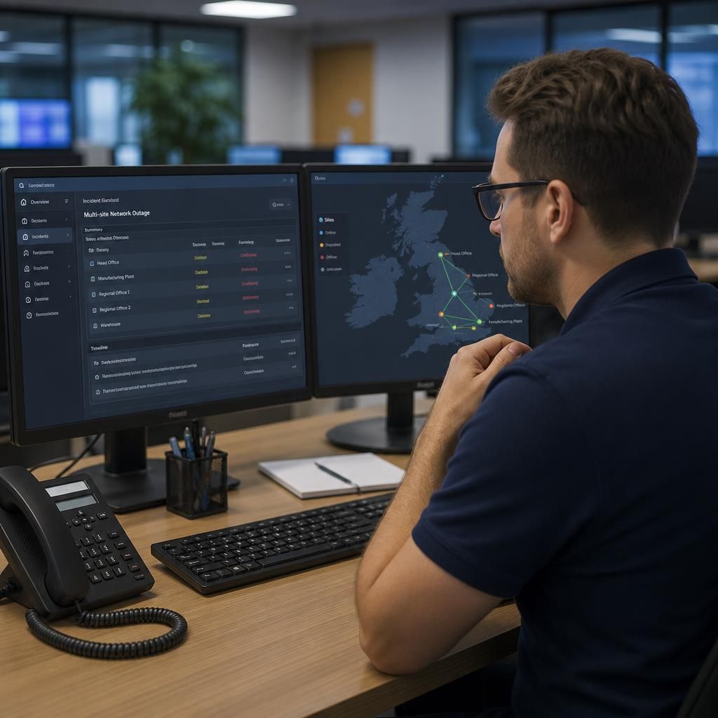 Technician reviewing a shared incident record for several business sites
