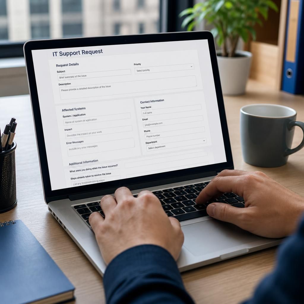 IT support request form showing incident details, affected systems and contact information