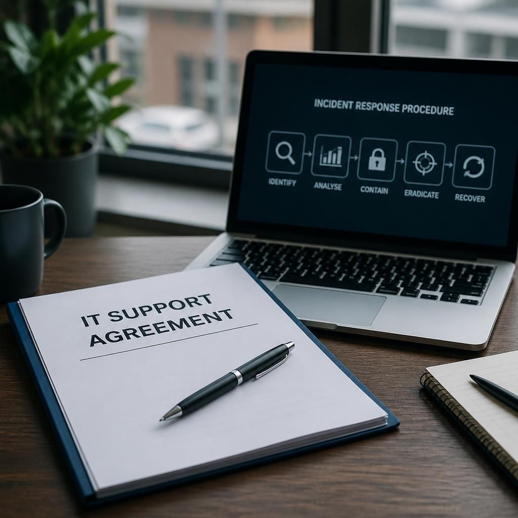 IT support agreement beside a laptop displaying incident response procedures