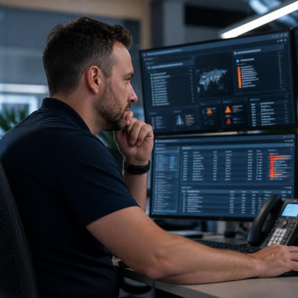 IT specialist reviewing system alerts on a monitor during a business incident