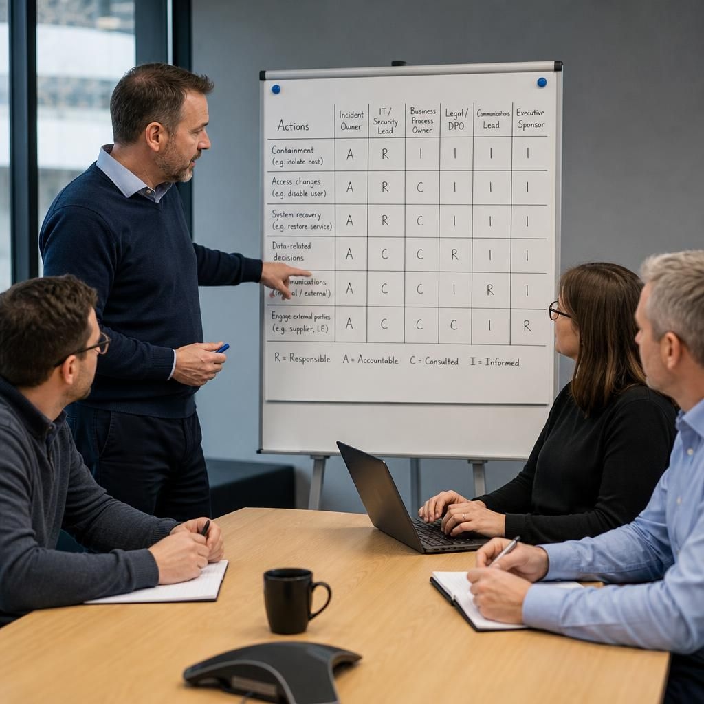 Incident response authority matrix listing business and IT roles
