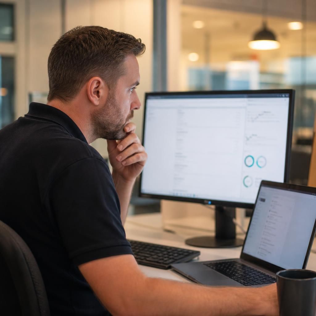IT support professional reviewing a computer screen at a desk