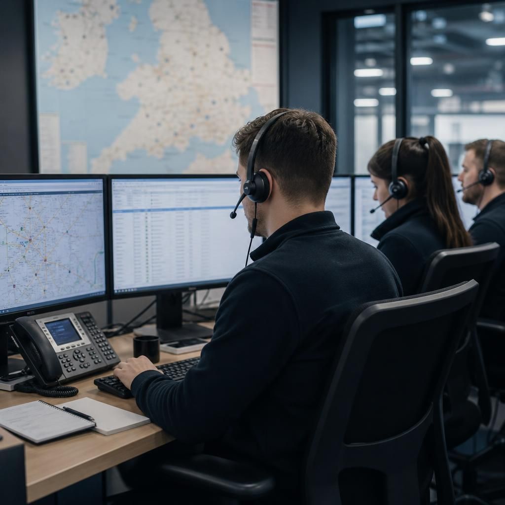 Logistics team using computers to coordinate transport operations