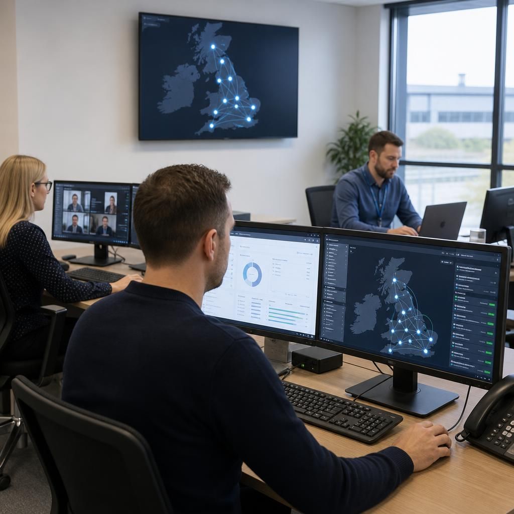 Staff working across multiple business locations through connected IT systems