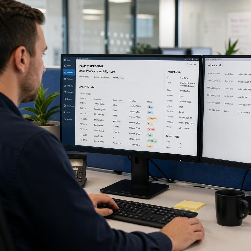 IT helpdesk dashboard showing linked tickets for a shared service fault