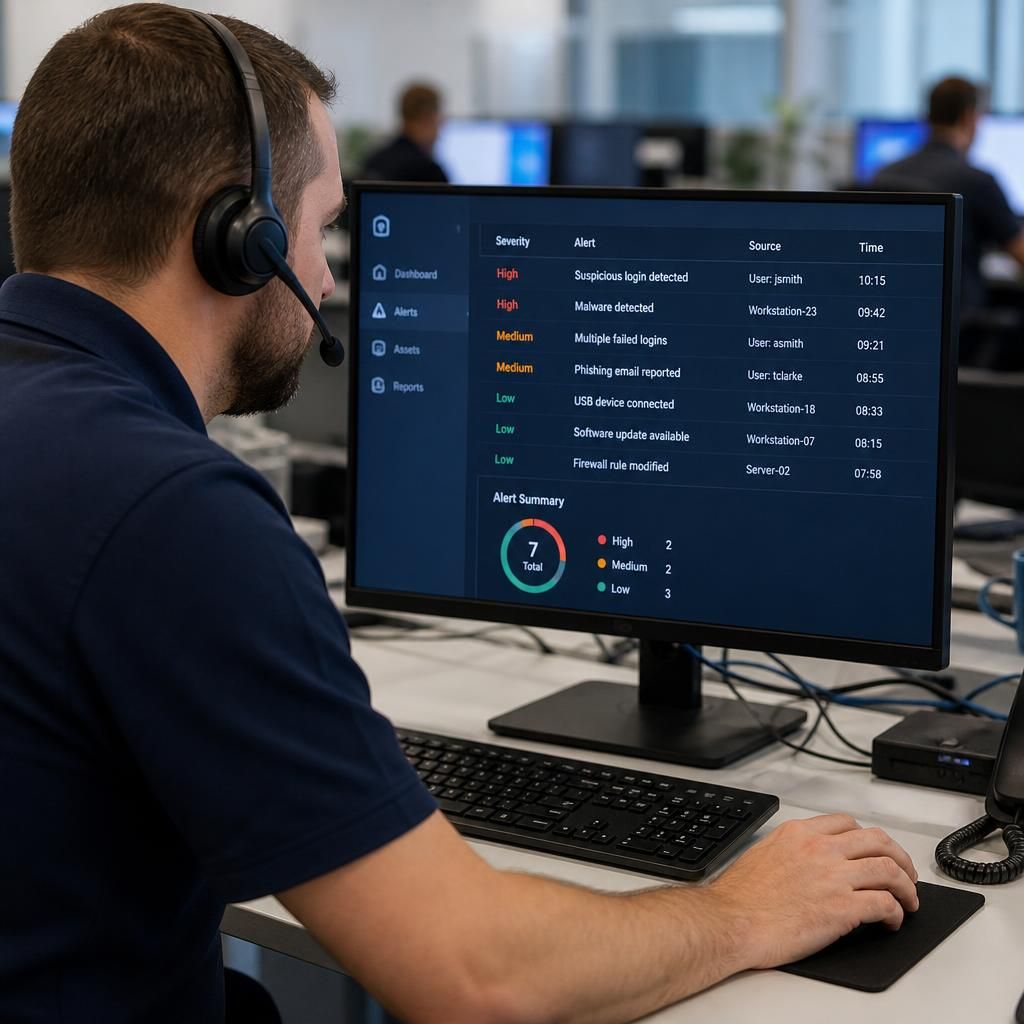 IT helpdesk technician reviewing security alerts on a computer monitor