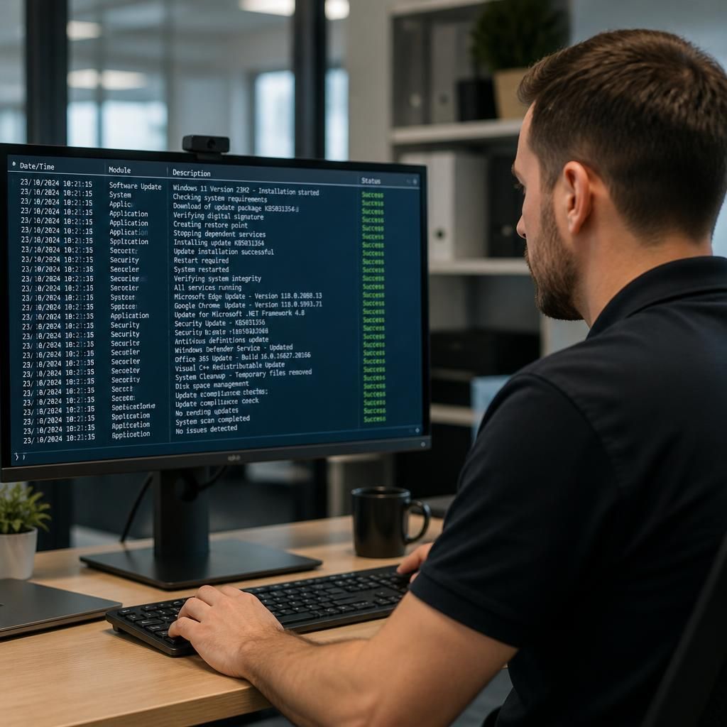 IT technician reviewing software update logs on a computer monitor