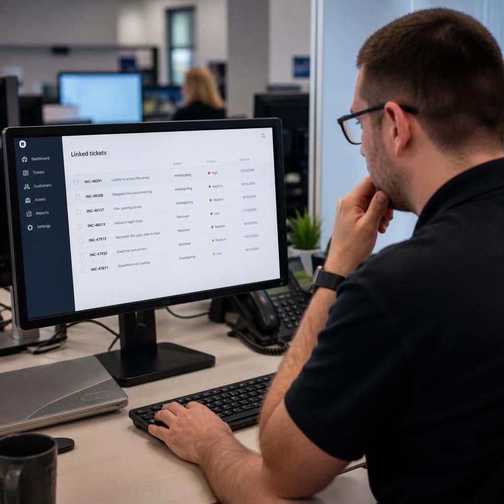 IT helpdesk technician reviewing linked support tickets on a monitor