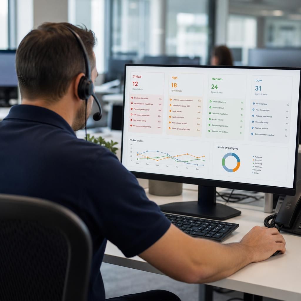 IT helpdesk dashboard showing support tickets grouped by priority levels