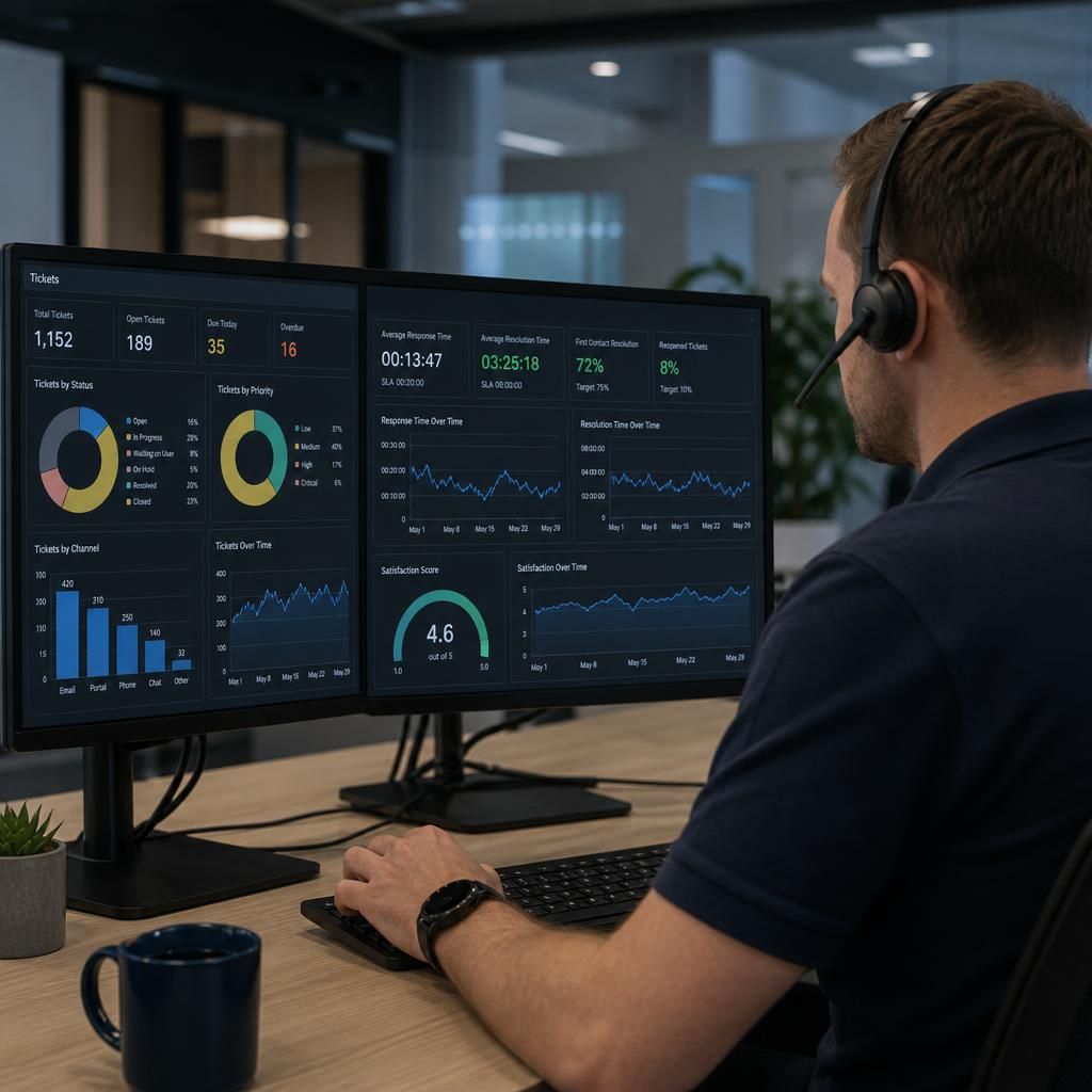 IT helpdesk dashboard showing ticket response, resolution and user feedback metrics