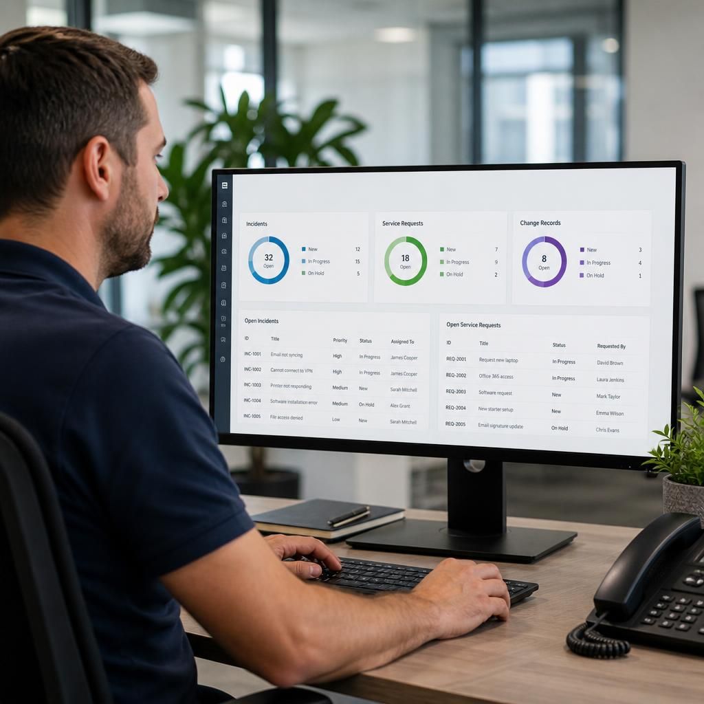 IT support dashboard showing incidents, service requests and change records