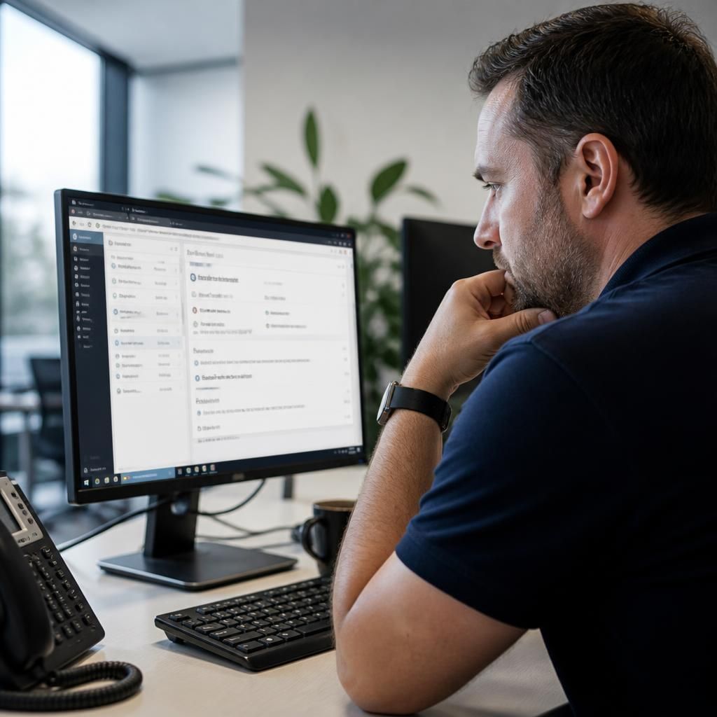 IT technician reviewing a complex support ticket on a computer screen