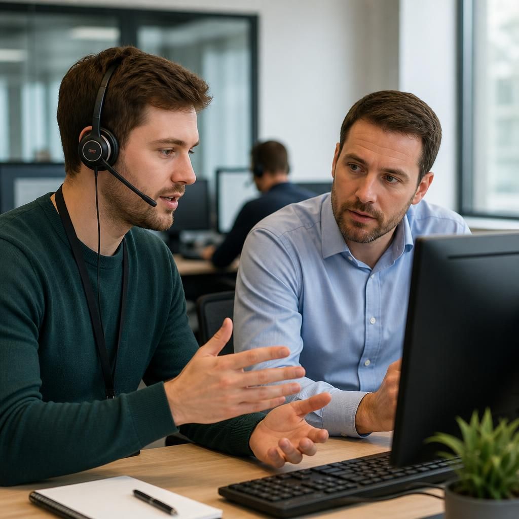 IT support technician discussing a technical issue with a business user