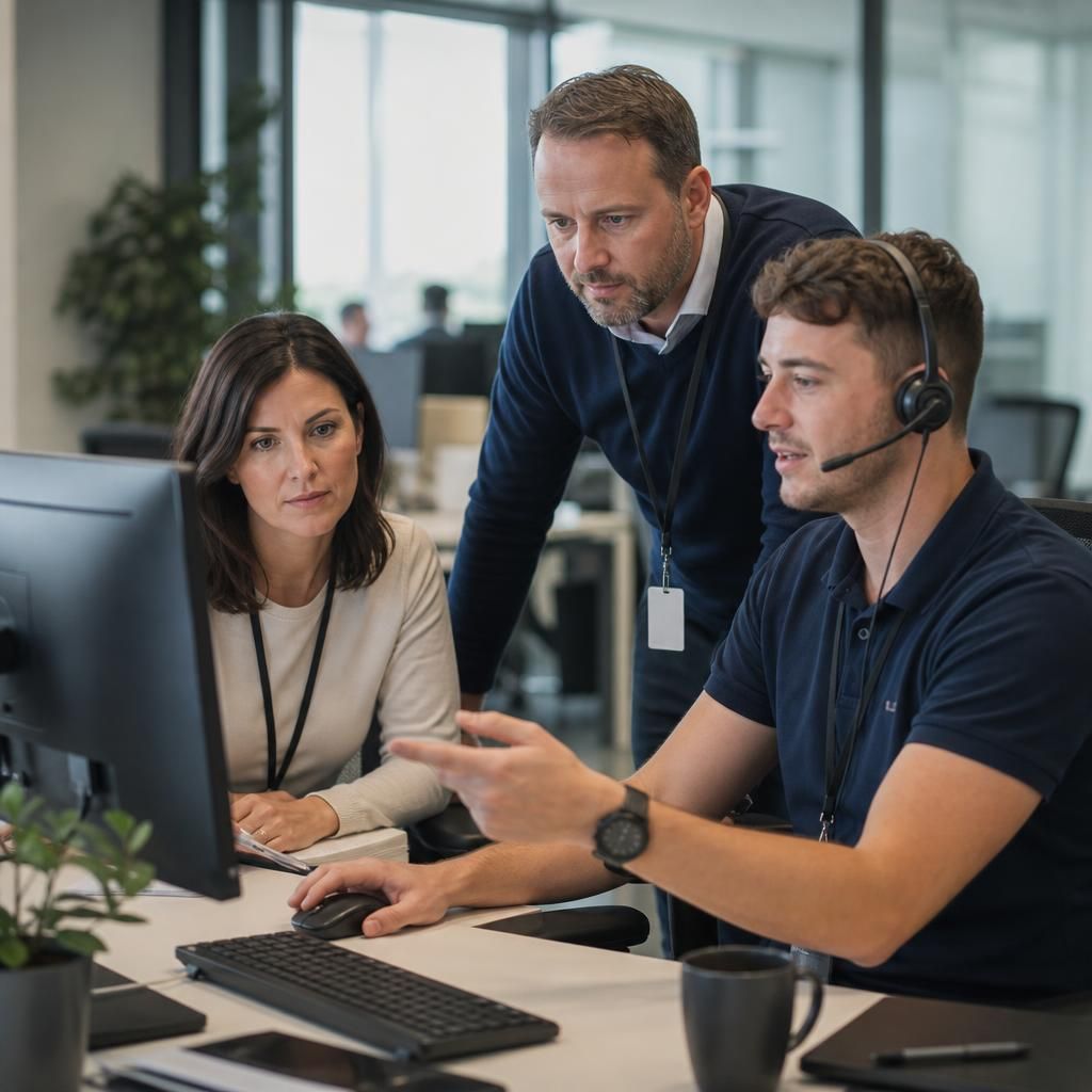 Professional services team reviewing an IT helpdesk request with a technician