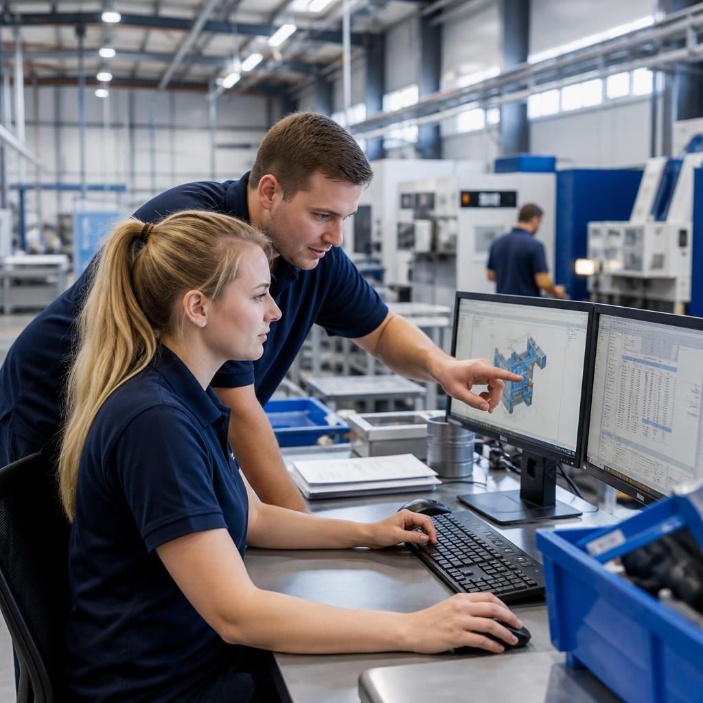 Manufacturing staff using computers on a production site with technical support